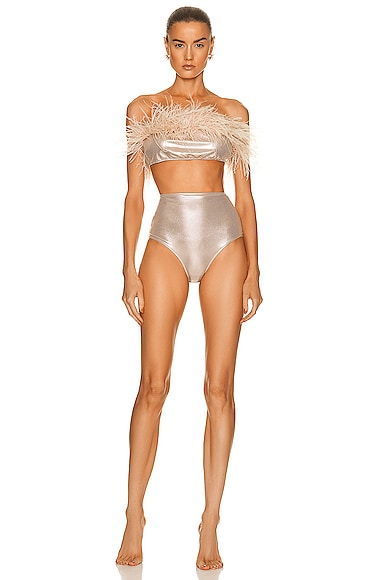 Metallic High-Waisted Strapless Bikini Set With Feathers