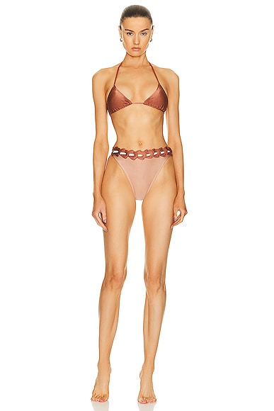 Spray Of Flower Solid Detailed Highwaisted Triangle Bikini in Brown