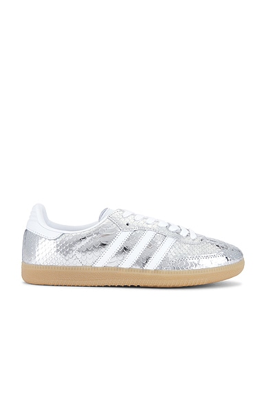 adidas Originals Samba OG Sneaker in Silver Metallic, Footwear White, & Gum 3