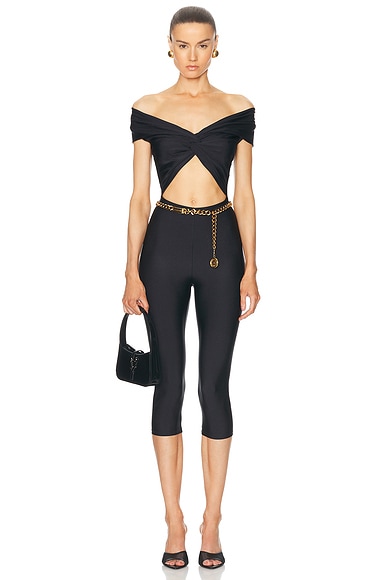 The Andamane Kendall Summer Off Shoulder Sleeveless Capri Jumpsuit in Black
