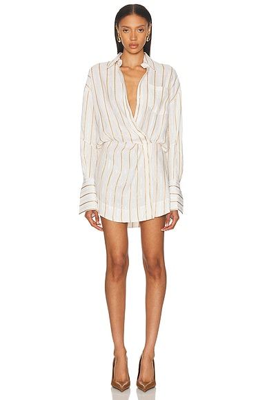The Andamane Whitelotus Mini Shirt Dress in Gold Stripes