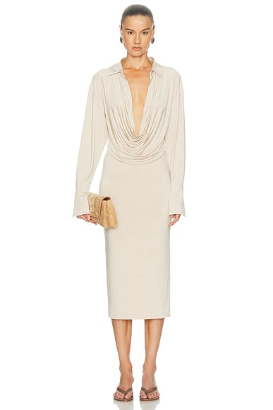 The Andamane Lilia Deep V Collar Midi Dress in Sand