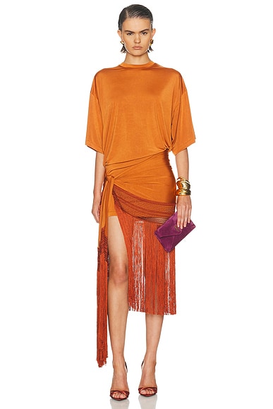 The Andamane Azul Fringed Shirt Mini Dress in Burnt Orange