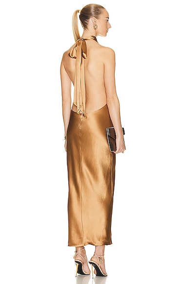 AEXAE Silk Maxi Dress in Metallic Copper
