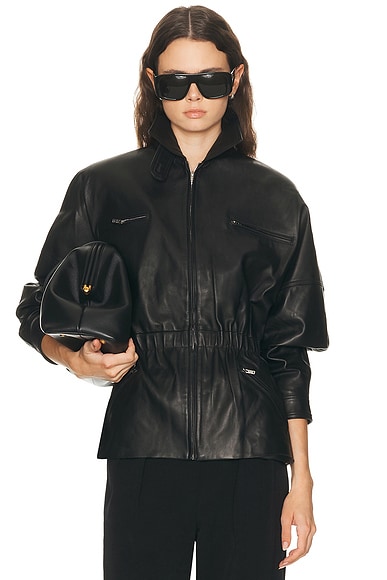 AEXAE Leather Cinched Mid Jacket in Black