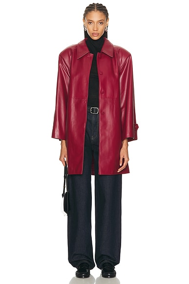 AEXAE Leather Padded Midi Coat in Deep Red