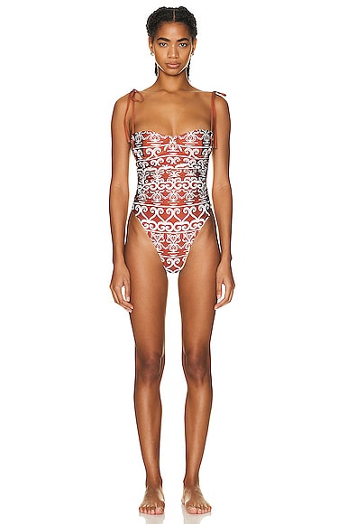 Agua By Agua Bendita + Net Sustain Rábano Calados Printed Recycled Underwired Swimsuit In Terracotta