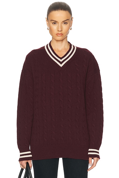 &Daughter Slouchy Cricket V-Neck Cable Sweater in Burgundy & Ecru