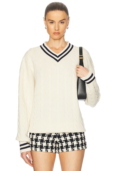 &Daughter Slouchy Cricket V-Neck Cable Sweater in Ecru & Navy