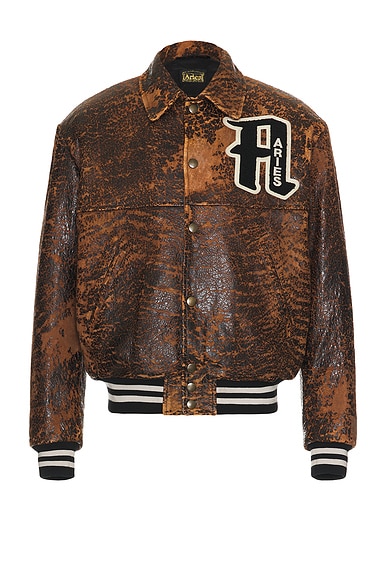 Aries Distressed Leather Letterman Jacket in Brown