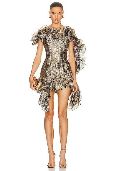 AKNVAS Ava Structural Ruffle Dress in Gold Leaf