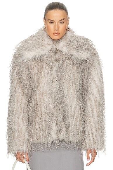 AKNVAS Dagmar Short Faux Fur Coat in White & Grey