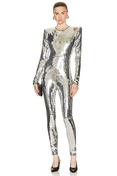 Alexandre Vauthier Long Sleeve Jumpsuit in Metallic Silver