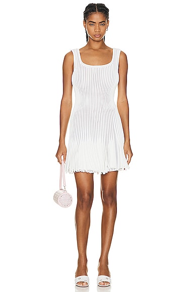 ALAÏA Pleated Mini Dress in Blanc & Ivoire