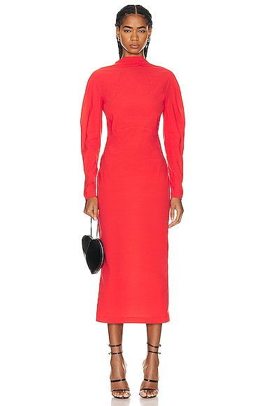 ALAÏA Long Sleeve Midi Dress in Rouge