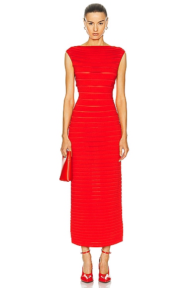 ALAÏA Striped Midi Dress in Rouge Vif