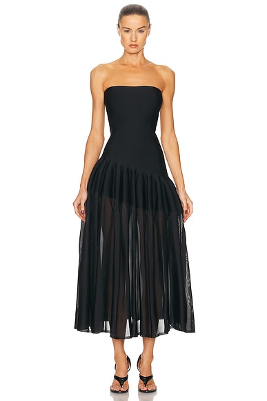 ALAÏA Long Godet Dress in Noir Alaia