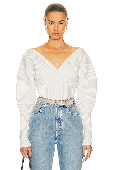 self-portrait Ribbed Knit Crossover Top in White | FWRD