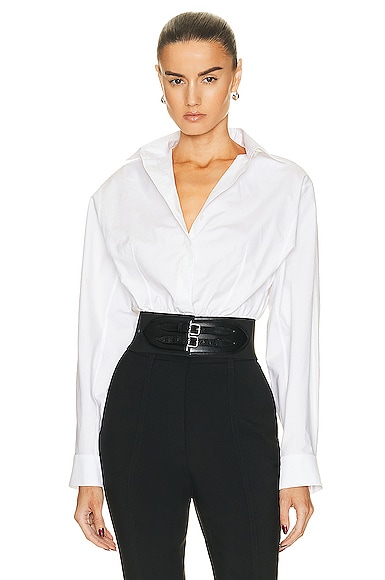 Alaïa Belted Cotton Poplin Shirt In Blanc
