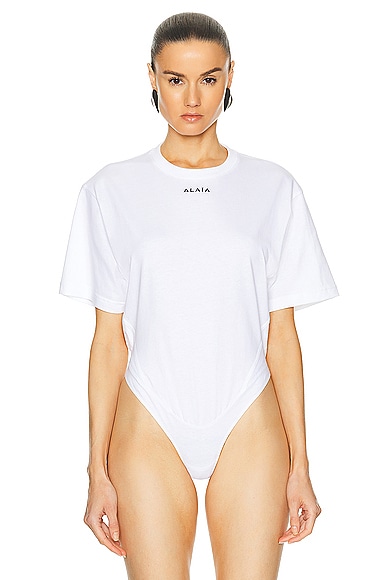 Shop Alaïa Fluid T-shirt Bodysuit In Blanc & Noir