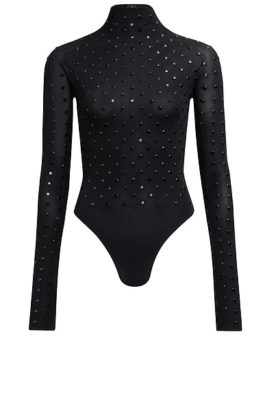 ALAÏA Long Sleeve Strass Bodysuit in Noir