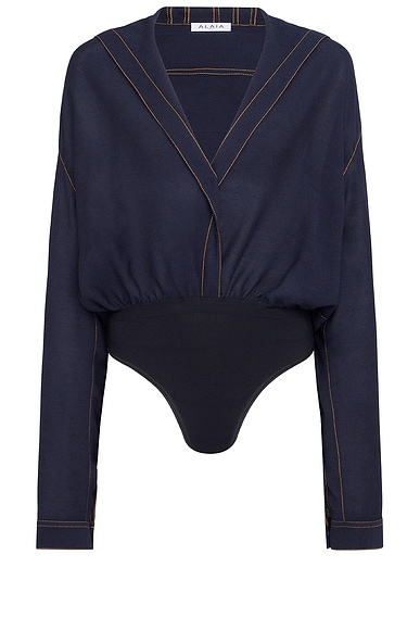 ALAÏA Hooded Long Sleeve Bodysuit in Marine Fonce