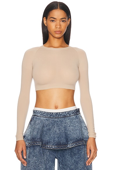 ALAÏA Long Sleeve Crop Top in Mastic