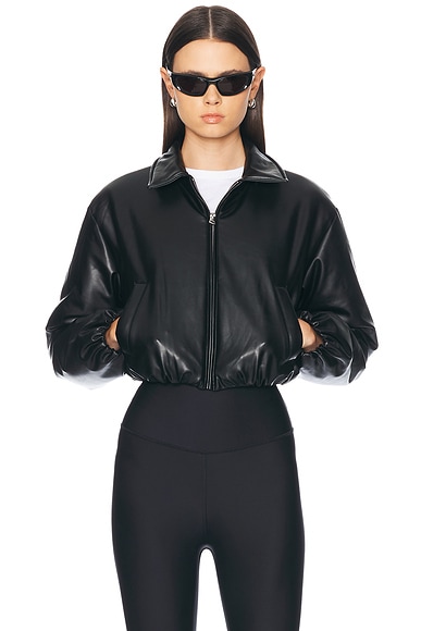 alo Faux Leather Cropped Premier Bomber Jacket in Black | FWRD