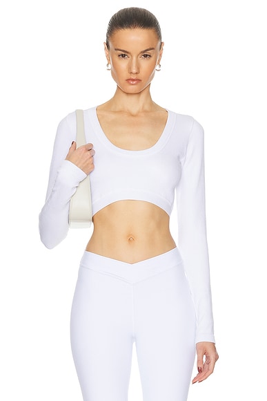 Shop Alo Yoga Seamless Ribbed Cropped Serene Long Sleeve Top In White