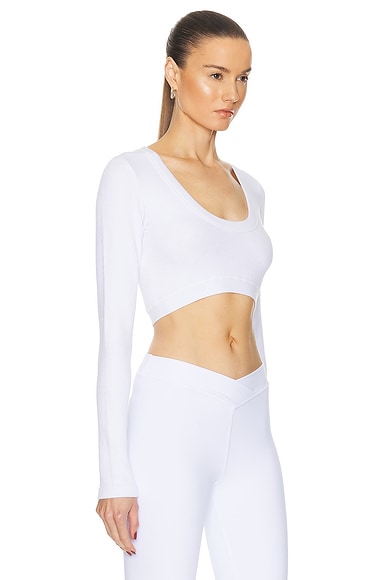Shop Alo Yoga Seamless Ribbed Cropped Serene Long Sleeve Top In White
