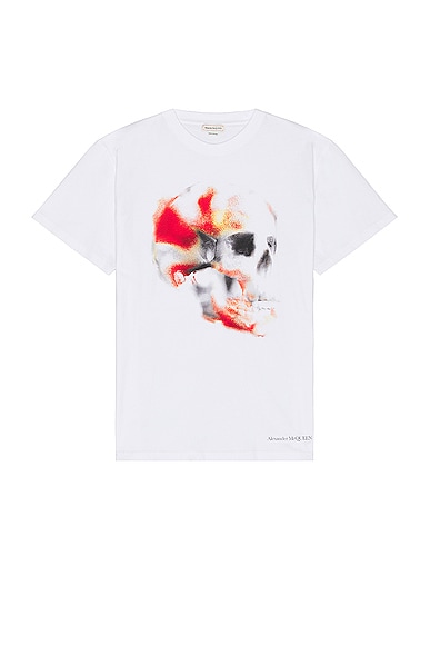Alexander McQueen Obscured Skull Print T-shirt in White, Red, & Black