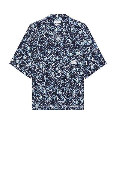 McQueen Boxy Feather Print Hawaiian Shirt in Blue