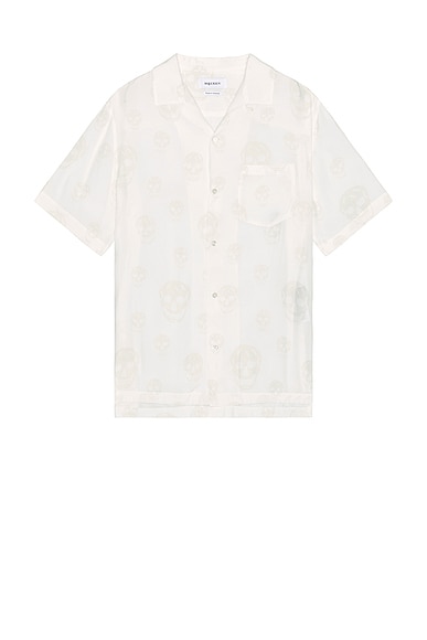 McQueen Printed Hawaiian Skull Print Shirt in Cream & Ivory