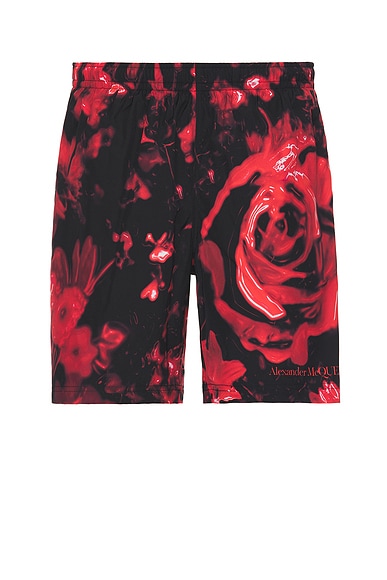 Alexander McQueen Wax Floral Swim Short in Black & Red