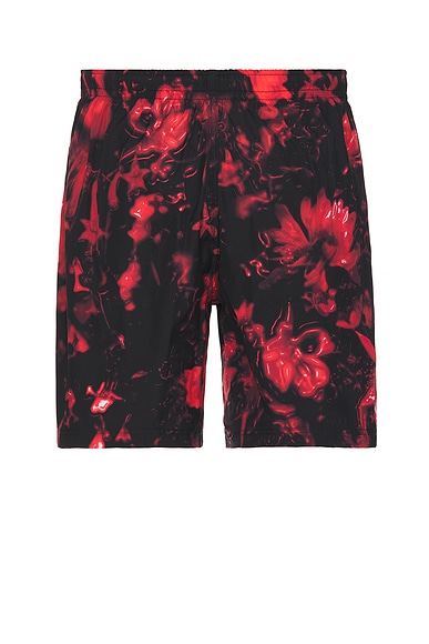 Shop Alexander Mcqueen Wax Floral Swim Short In Black & Red