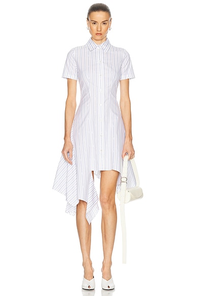 Day Dress in White, Blue & Grey