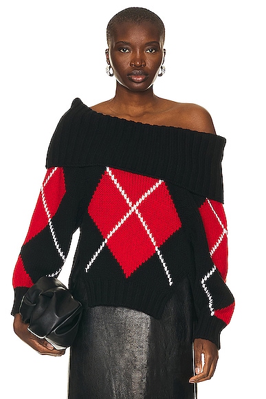 Alexander McQueen Argyle Drop Shoulder Sweater in Black, Red, & White