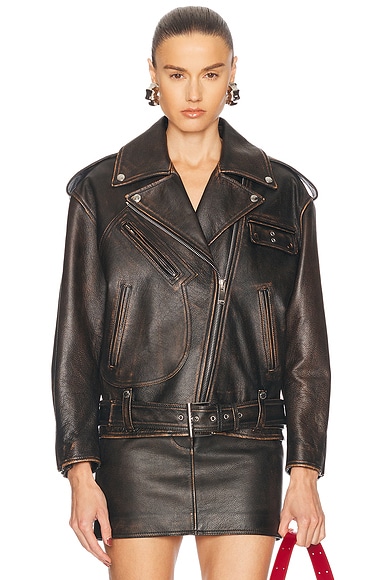 McQueen Peeling Leather Oversized Biker Jacket in Dark Brown & Tan