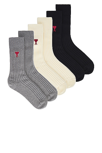 ami Three Pack ADC Socks in Off White, Grey, & Black