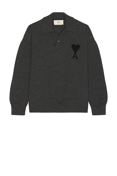 AMI Paris Polo Sweater in Heather Grey & Black