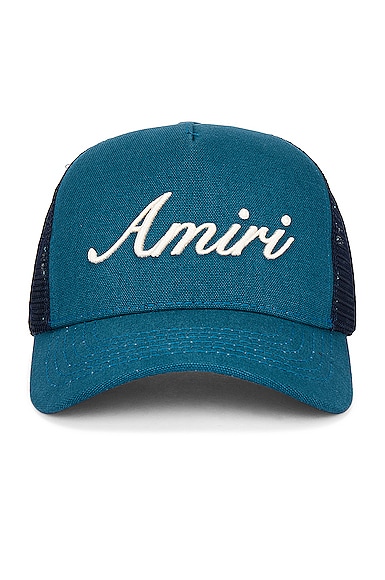 Amiri Amiri Script Trucker Hat in Teal