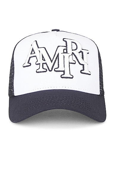 Amiri Staggered Trucker Hat in White & Black