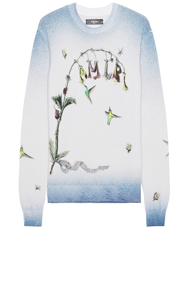 Embroidered Hummingbird Crew in Blue
