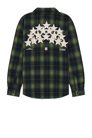 Shop Amiri Star Leather Flannel Shirt In Rain Forest