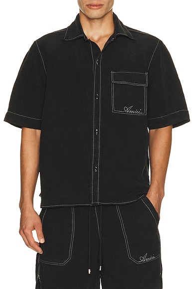 Amiri Script Linen Shirt in Black
