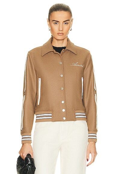 Amiri Bones Embroidered Varsity Jacket In Taupe