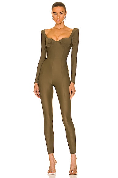 Alex Perry Lanson Sweetheart Cup Long Sleeve Catsuit in Khaki | FWRD