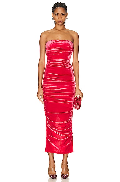 Alex Perry Parkin Velvet Tucked Strapless Dress in Red
