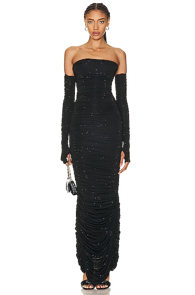 Alex Perry Crystal Hyland Strapless Ruched Glove Column Dress in Black