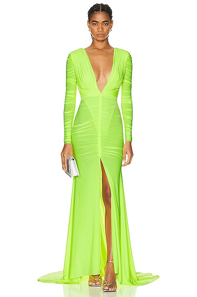 Alex Perry Dalton V Neck Long Sleeve Ruched Gown in Neon Yellow